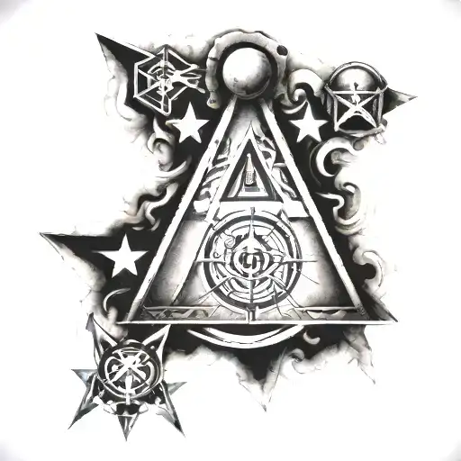 square and compasses  and the seven hermetic principles represented through symbols tattoo design idea