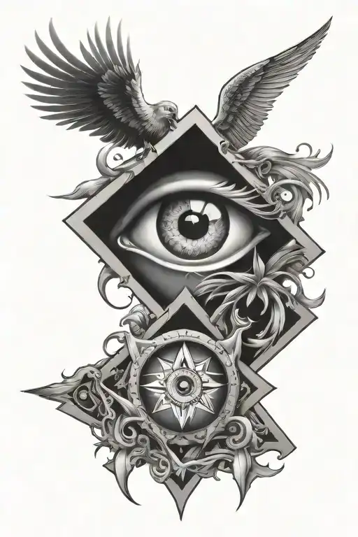 square and compasses, eye inside, phoenix rising tattoo design idea