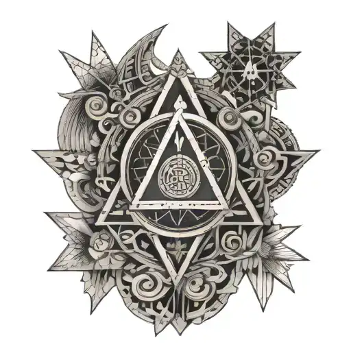 square and compasses  and the seven hermetic principles represented through symbols tattoo design idea