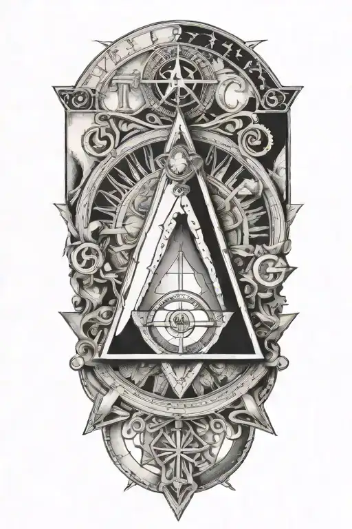 square and compass  with the 7 hermetic principles and the golden ratio incorporated  tattoo design idea