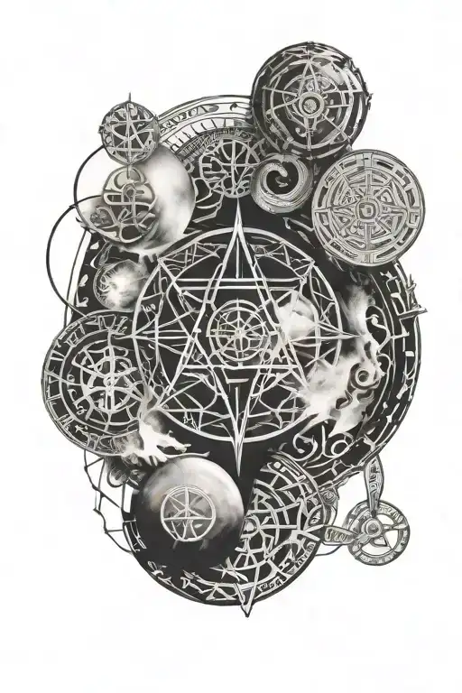 the 7 hermetic principles in a circle inside tattoo design idea