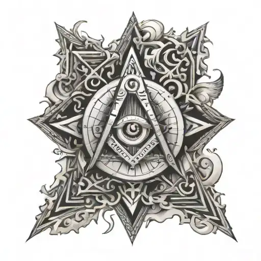 square and compasses  and the seven hermetic principles represented through abstract symbols tattoo design idea