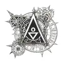 square and compass with the 7 hermetic principles inside the golden ratio tattoo design idea