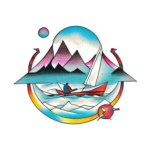 abstract, man standings row boat in mountains tattoo design idea