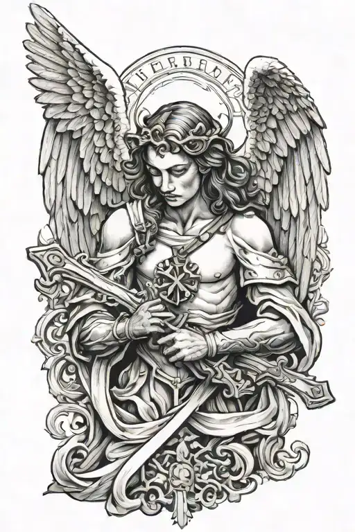 angel that's been in a battle holding a cross  tattoo design idea