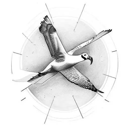Create a minimalist tattoo of an albatross in flight with the word 'Komal' tattoo design idea