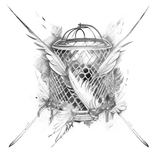 bird Cage with torn out Angle Wings trapped INSIDE blood and feathers falling fromm them blood on the bottom tattoo design idea