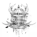 bird Cage with torn out Angle Wings trapped INSIDE blood and feathers falling fromm them blood on the bottom tattoo design idea