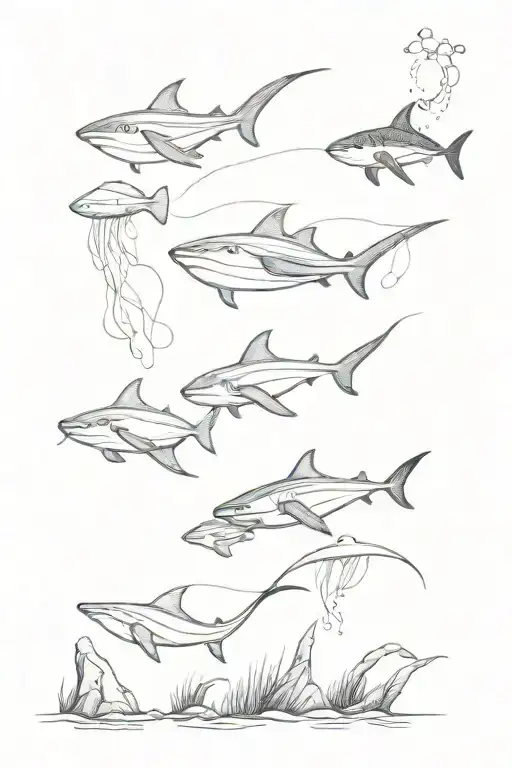 stingrays, sharks, and jellyfish swimming up stream tattoo design idea