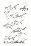 stingrays, sharks, and jellyfish swimming up stream tattoo design idea