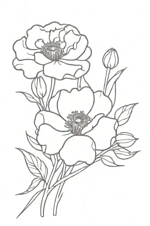 bouquet of a carnation, violet, poppy, and pot marigold  tattoo design idea