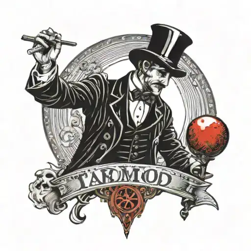 red moon background with the silhouette of a man wearing a top hat and a cane, with tarot cards in the other hand tattoo design idea