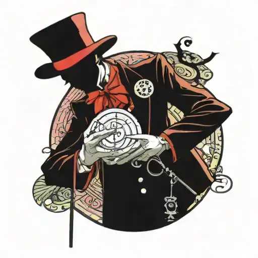 red moon background with the silhouette of a man wearing a top hat and a cane, with tarot cards in the other hand tattoo design idea