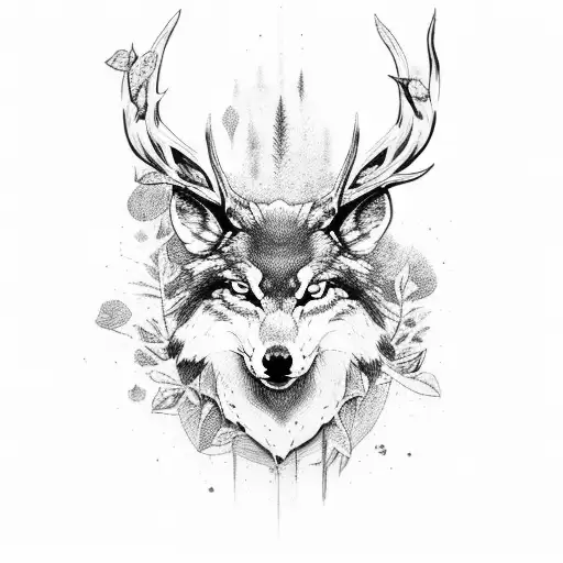 stag Wolf patchwork nature sleeve tattoo design idea