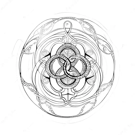 Terço (rosary) with spiritual symbols and sacred geometry tattoo design idea