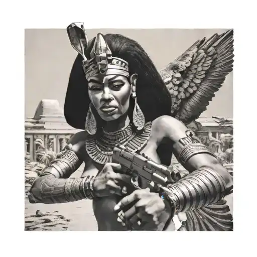 black Egyptian queen holding a gun like a protector.  tattoo design idea