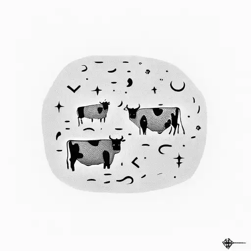  4 small cows lying on the bed: one cow is lying, the other cow is praying, one cow is bored and the other cow is rich,  tattoo design idea