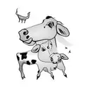  4 small cows lying on the bed: one cow is lying, the other cow is praying, one cow is bored and the other cow is rich,  tattoo design idea
