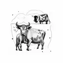  4 small cows lying on the bed: one cow is lying, the other cow is praying, one cow is bored and the other cow is rich,  tattoo design idea