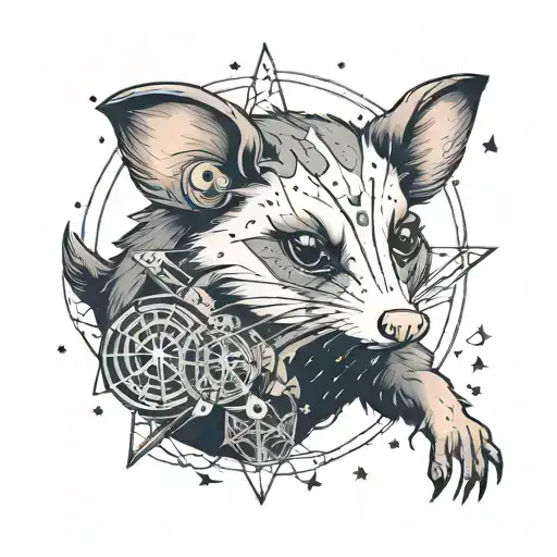 witchcraft opossum playing with constellations tattoo design idea