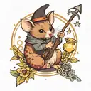 A witchy possum holding a magic wand surrounded by mystical symbols tattoo design idea
