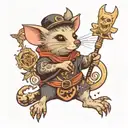 A witchy possum holding a magic wand surrounded by mystical symbols tattoo design idea