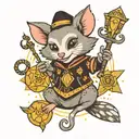 A witchy possum holding a magic wand surrounded by mystical symbols tattoo design idea