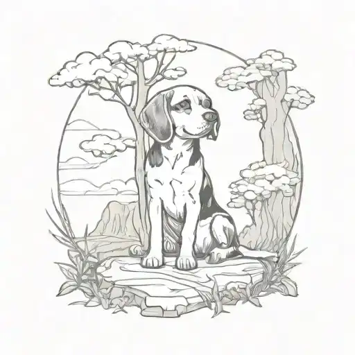 beagle sitting next to tree with sun tattoo design idea