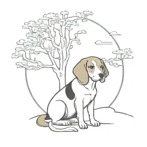 beagle sitting next to tree with sun tattoo design idea