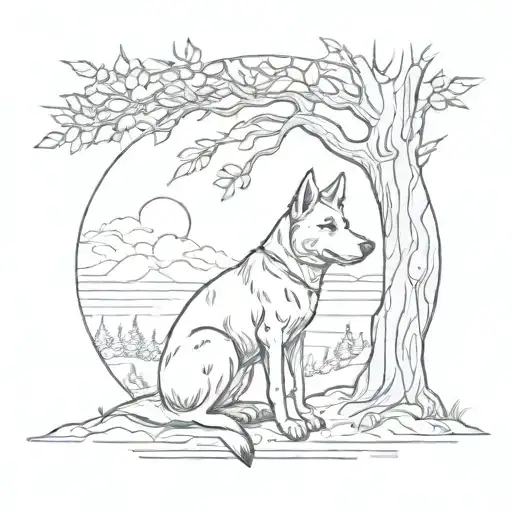 dog sitting next to tree with sun tattoo design idea