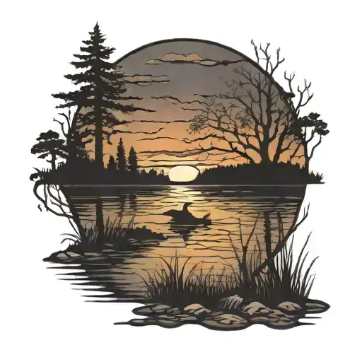 sunset over a lake scene tattoo design idea
