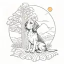 beagle sitting next to tree with sun tattoo design idea