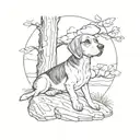 beagle sitting next to tree with sun tattoo design idea