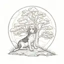 beagle sitting next to tree with sun tattoo design idea