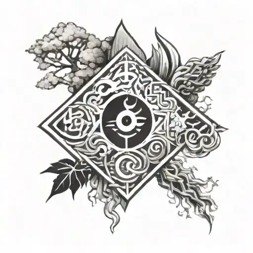 A realistic depiction of the four elements (earth, water, fire, air) represented by Japanese symbols tattoo design idea