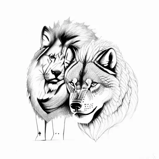 A powerful image of a wolf and a lion standing side by side, symbolizing strength and unity tattoo design idea