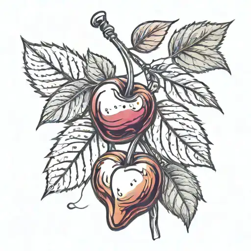 I would like you to draw a colorful cherry tattoo. The stem and leaf will remain unchanged, but instead of the two cherr tattoo design idea