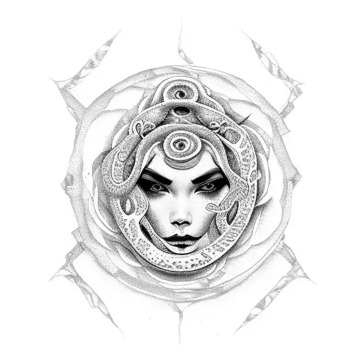 street in a snake woman face 3 eyes yingyang tattoo design idea