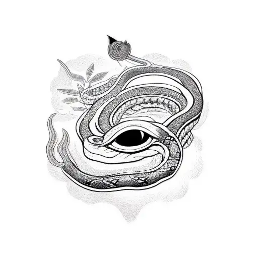 street that merges in a snake around a womans face with 3 eyes with a crown tattoo design idea