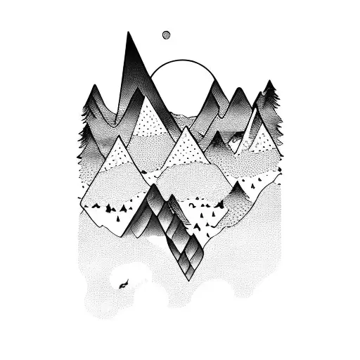 Nature with water, mountains, animals tattoo design idea