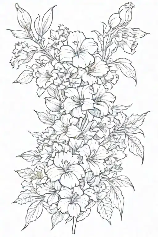 a spine tattoo including the flowers: marigolds, gladiolus,narcissus, morning glory, and lilly  tattoo design idea