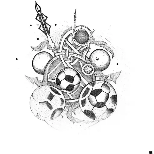 A dynamic and intricate tattoo design featuring various sports equipment intertwined with elements symbolizing family and friends tattoo design idea