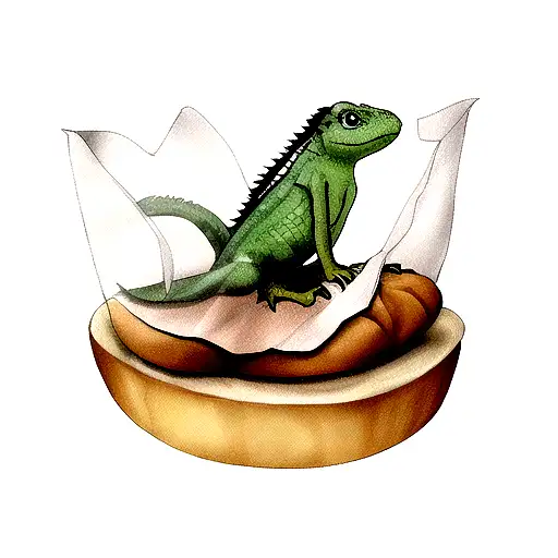 a lizard holding a paw on half a loaf of bread in a transparent package with a twis tattoo design idea