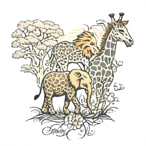 elephants lions trees giraffe tattoo design idea