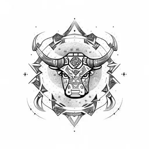 A sketch style tattoo of a taurus constellation surrounded by Russian symbols and a philosophical phrase in Cyrillic tattoo design idea