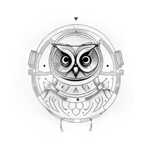 A blackwork tattoo of an owl wearing a space helmet with an AI circuitry pattern on its wings tattoo design idea