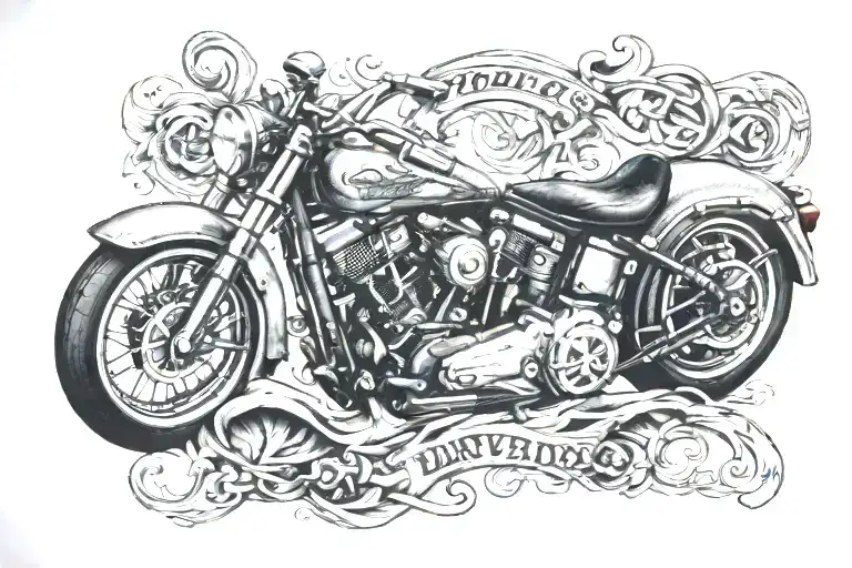 Harley davidson motors, guns, brass knuckles, outlaw, skulls, script  tattoo design idea