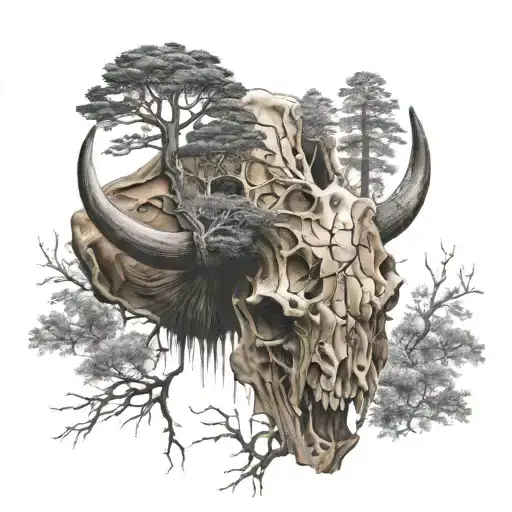 A new tree growing from a bison skull with dead trees in the background tattoo design idea