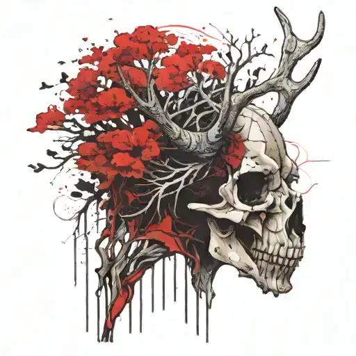 A new tree growing from a bison skull with dead trees in the background tattoo design idea