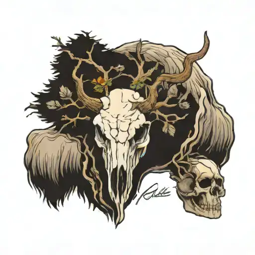 A new tree growing from a bison skull with dead trees in the background tattoo design idea